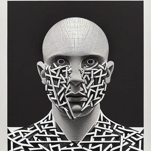 Image similar to lithography on paper conceptual figurative post - morden monumental portrait by versace and escher and hogarth, illusion surreal art, highly conceptual figurative art, intricate detailed illustration, controversial poster art, polish poster art, geometrical drawings, no blur