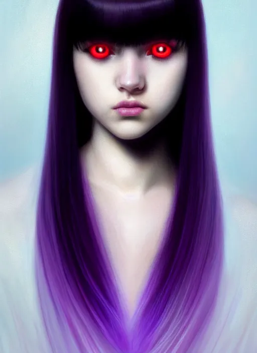 Image similar to hair whitebangs hair, black hair, blackbangswhitehair, portrait of teenage girl with white bangs, red irises, purple clothes, white bangs, bangs are different color from hair, intricate, elegant, glowing lights, highly detailed, digital painting, artstation, concept art, sharp focus, illustration, art by wlop, mars ravelo and greg rutkowski