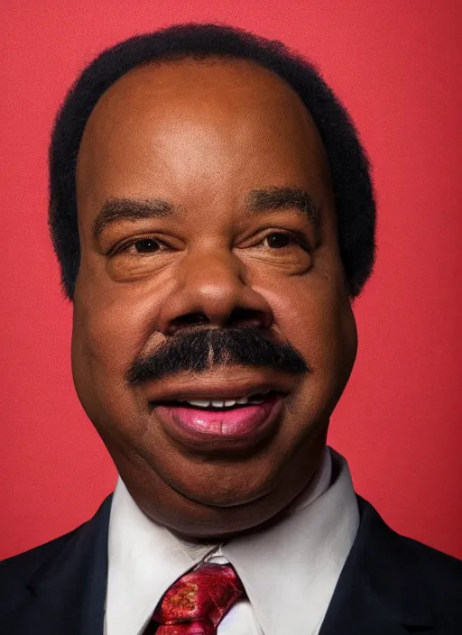 Prompt: ( ( ( portrait of leslie david baker as stanley hudson of the office television series ) ) ) by igor kazarin, head to waist, light coming from the right side, red background,