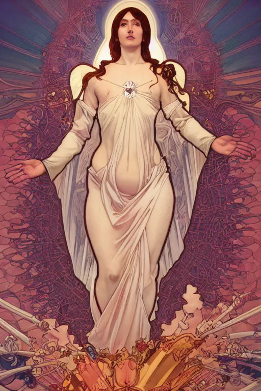 Prompt: the immaculate conception, by artgerm and moebius and alphonse mucha, hyperdetailed, dc comics, explosions in the sky, trending on artstation