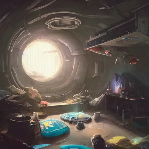 Image similar to detailed room in the sewer lair The room is a clutter if clothes and a bunkbed with space posters everywhere,soft,light,bright,epic,awesome,digital art, by Rossdraws and Greg rutkowski