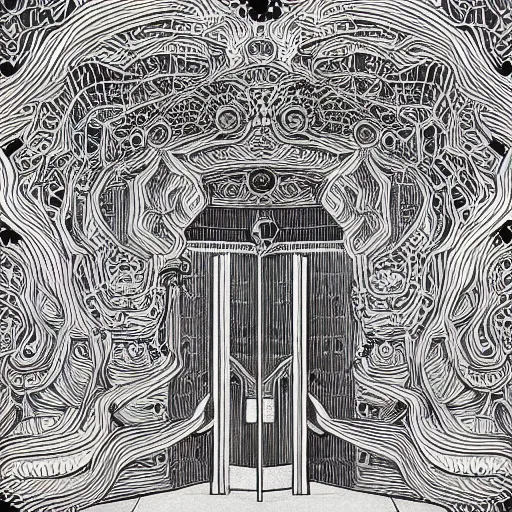 Image similar to “geometrically surreal doors, extremely high detail, photorealistic, intricate line drawings, dotart, album art in the style of James Jean”