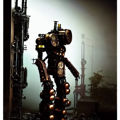 Image similar to real steampunk mech suit with cyberpunk background, photography by annie leibovitz