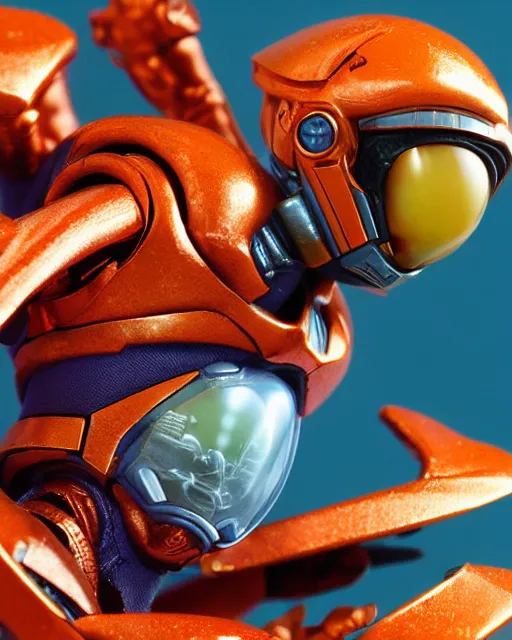 Prompt: triadic galaxy cosmic space - opera diorama bg. helmet portrait of a figurine of samus aran's orange chozo varia power suit from the sci - fi nintendo videogame metroid. designed by hiroji kiyotake, gene kohler and rodney brunet. metroid zero mission. metroid prime. glossy. masterpiece. intricate cybertronics. shallow depth of field.