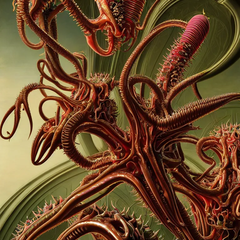 Prompt: symmetrical surreal baroque painting detail tropical flowers plants blooming xenomorph sorayama glossy metallic spine spinal tentacles muscle tissue ribs spine spiky made of glass white meat trippy colors baroque painting, beautiful detailed intricate insanely detailed octane render trending on Artstation, 8K artistic photography, photorealistic, chiaroscuro, Raphael, Caravaggio