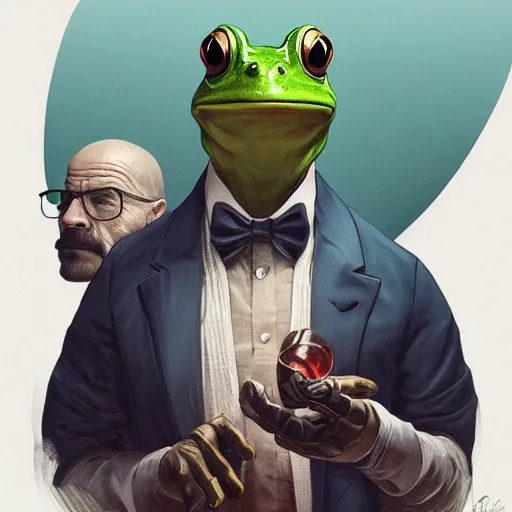 Image similar to a frog and walter white, intricate, highly detailed, digital painting, artstation, concept art, smooth, sharp focus, illustration, unreal engine 5, 8 k, art by artgerm and greg rutkowski and alphonse mucha