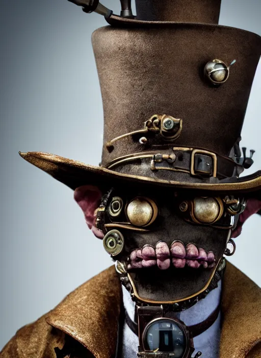 Image similar to closeup portrait of a steampunk medieval goblin wearing a top hat, depth of field, zeiss lens, detailed, symmetrical, centered, fashion photoshoot, by Annie Leibovitz and Steve McCurry, David Lazar, Jimmy Nelsson, Breathtaking, 8k resolution, extremely detailed, beautiful, establishing shot, artistic, hyperrealistic, beautiful face, octane render