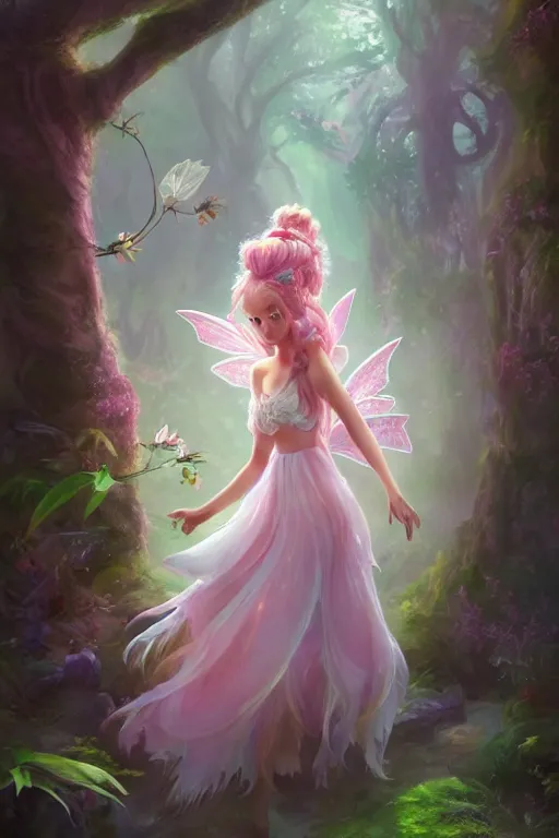 Prompt: a cute fairy in the dreamy forest, fantasy, dreamlike, 8 k resolution, hyper detailed, d & d, character design, digital painting, trending on artstation, sharp focus, illustration, art by viktoria gavrilenko, hoang lap, fuji choko, steve zheng