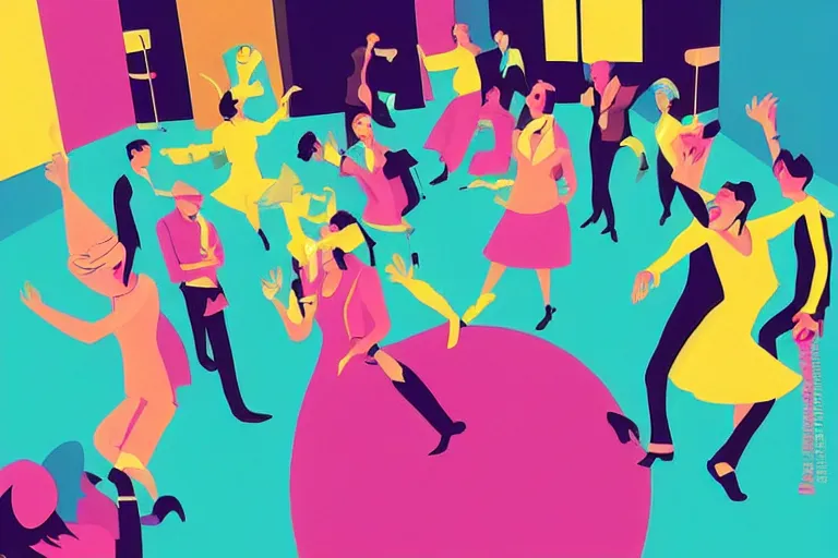Prompt: “Colorful illustration of a party with people dancing in luxurious modern mid century house. Fun. Retro advert style.”