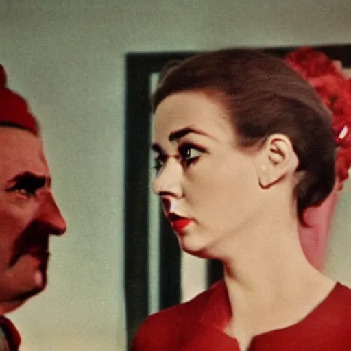 Image similar to still from a masterpiece 1 9 6 0 s french color art film, very beautiful and elegant girl with large eyebrows with an angry expression while talking to a man, moody lighting, viewed from afar, cinematic shot, they're dressed like communists, red palette