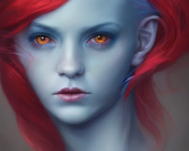 Image similar to A detailed matte oil on canvas head on symmetrical portrait of a distinguished elven woman with red and blue hair on an empty background, by Charlie bowater, Lise Deharme, Wlop, trending on artstationhd, dungeons and dragons art, parted hair , half blue, half red , split dye, critical role