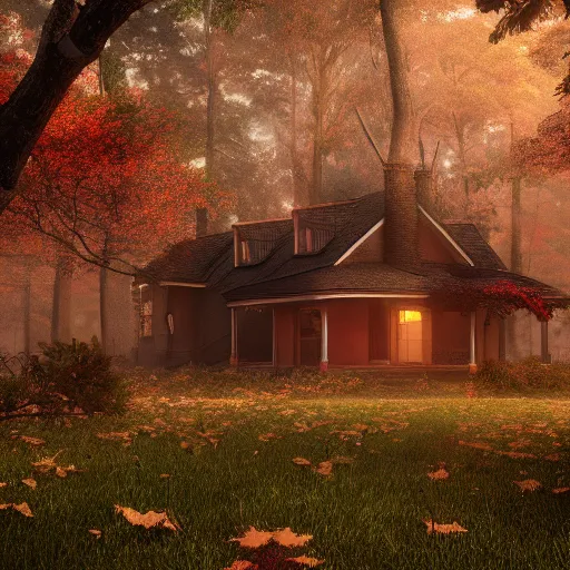 Image similar to autumn, house, forest, rain, dark, octane render, artstation, unreal engine 5 highly detailed, epic composition,