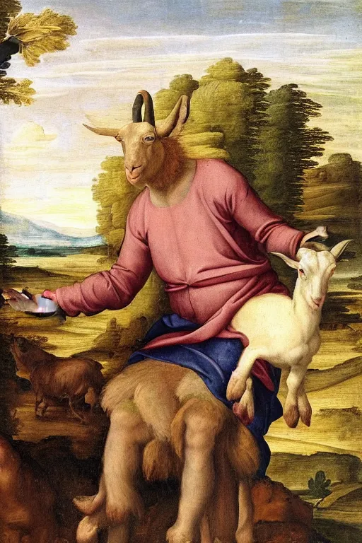 Image similar to renaissance painting of a goat headed man sitting in the countryside
