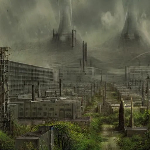 Prompt: A post apocalyptic nuclear power plant in a valley surrounded by an artificial geometric forest and large weeping blocks digital concept art