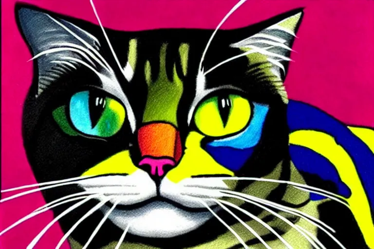 Prompt: color sketch of cat portrait, highly detailed, dramatic lighting, intense shadows, rich deep colours, by roy lichtenstein