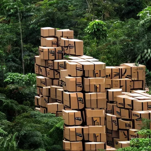 Prompt: a bunch of amazon packages stacked in the middle of the amazon rainforest