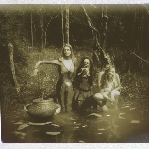 Image similar to Polaroid picture of witches in a swamp around a cauldron