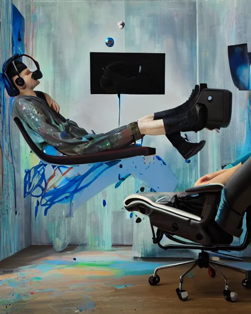 Prompt: a man reclines in a gaming computer chair weargin a vr headset and headphones holding a game controller, in a domestic interior filled with screens by james jean and luc tuymans and beeple and hernan bas and pat steir and hilma af klint, psychological, 3 d, dripping paint, high quality render, masterpiece