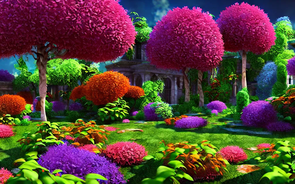 Image similar to a sprawling garden with many flowers and vines, sunny day, beautiful lighting, vivid colors!, highly detailed, cinematic, octane render, 4 k, trending on artstation, deviantart featured