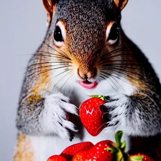 Image similar to fashion photography close - up photograph of a cute squirrel eating strawberries, studio lighting