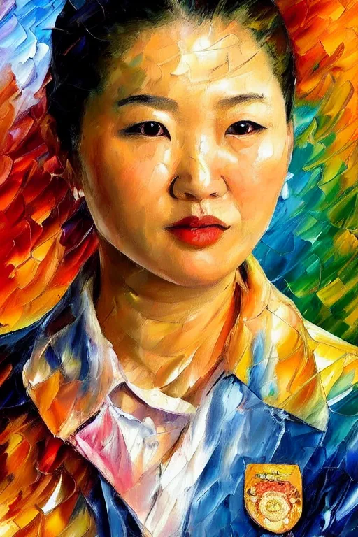 Image similar to palette knife oil painting portrait of a female asian police psychiatrist, extreme detail, style by leonid afremov and degas, artstation trending, artgerm, deviant art, octane, substance, art history 8 k