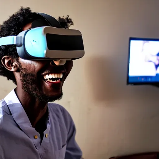 Prompt: paparazzi photo of an sudanese medical student smiling wearing a vr headset in a sitting room, dynamic shot, high quality, dramatic lighting, high definition, movie scene