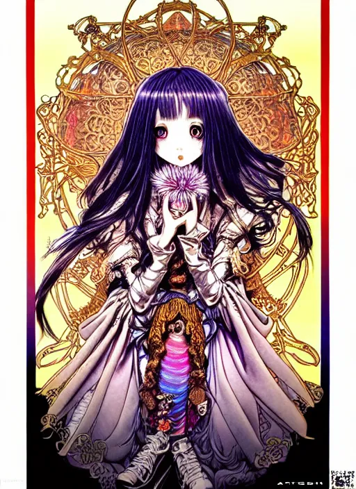 Prompt: highly detailed terada katsuya ayami kojima atrstation manga poster of princess mechine, rainbow gradient reflection, cute face by artgerm, art nouveau, long hair, armor, dress, laces, ruffles, 8 k, maximalist, golden ratio, jump comics