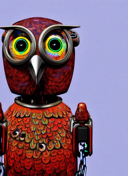 Image similar to colored pencil and pen drawing of an animatronic robot owl, bird made from rusty old keys and padlocks, 4 k photorender realityengine