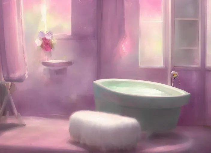 Image similar to placid pastel morning cute painterly fluffy bathroom trending on pixiv