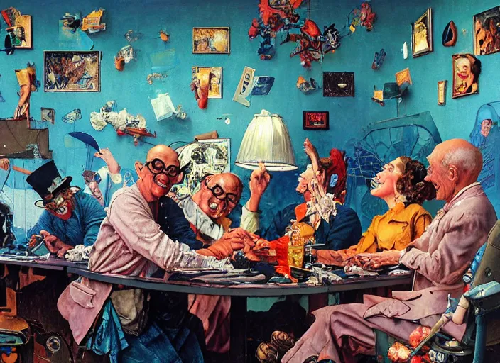 Prompt: beautiful detailed photorealistic painting of a group of friends smiling and having fun,, surreal, norman rockwell and james jean, greg hildebrandt, and mark brooks, triadic color scheme, by greg rutkowski, in the style of francis bacon and syd mead and edward hopper and norman rockwell and beksinski, dark surrealism, open ceiling