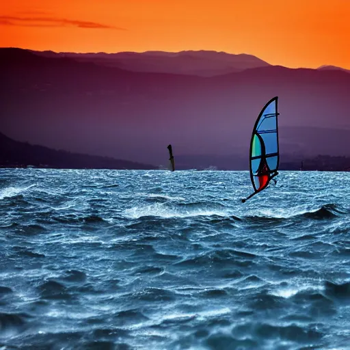 Image similar to windsurfing over stormy lake geneva with sunset in the back