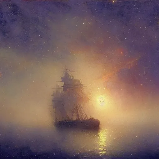 Image similar to sailing ship, cosmic nebula!!!!!!!!!!!!!, artstation, by andrea rocha, by ivan aivazovsky, by john harris, impressionism, watercolor, dramatic scenery, hdr