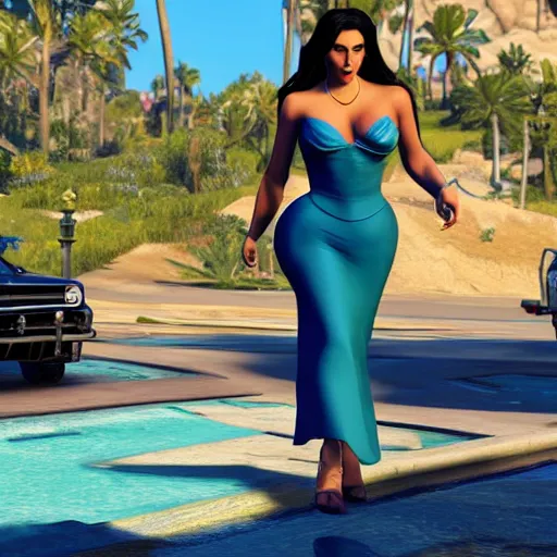 Image similar to kim kardashian as princess jasmine in GTA 5 full Hd octane render 8k