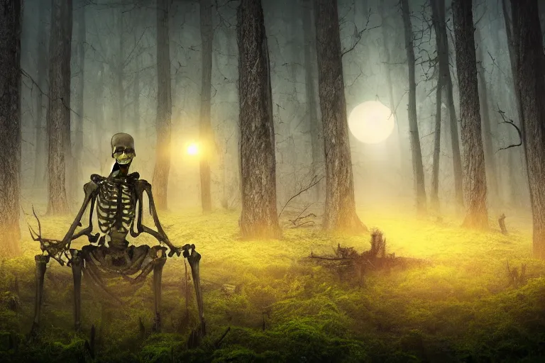 Image similar to a burning human skeleton sitting in foggy forest behind computer at moonlight night, overgrown with moss, dark atmosphere, scary dark fantasy, horror, highly detailed