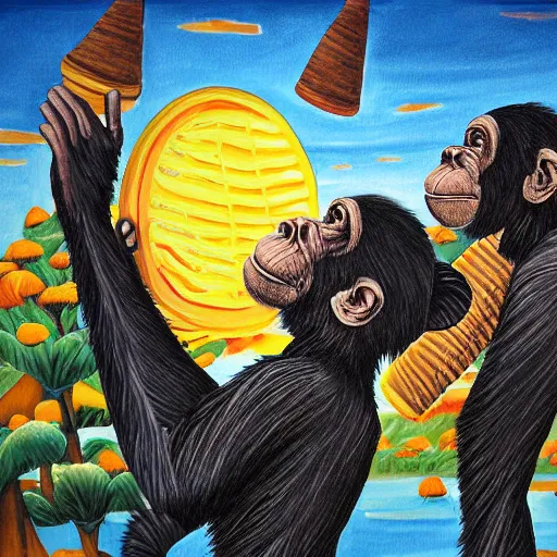 Image similar to a detailed art painting chimpanzee photograph of two chimpanzees!!! worshiping a giant ice cream cone sent by aliens that chimpanzees are worshiping, at dawn. by digital artists.