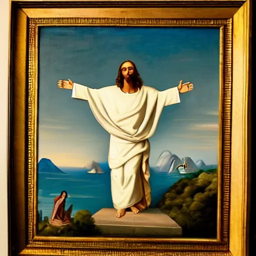 Image similar to a painting of a humanized version of christ the redeemer in rio de janeiro, renaissance style