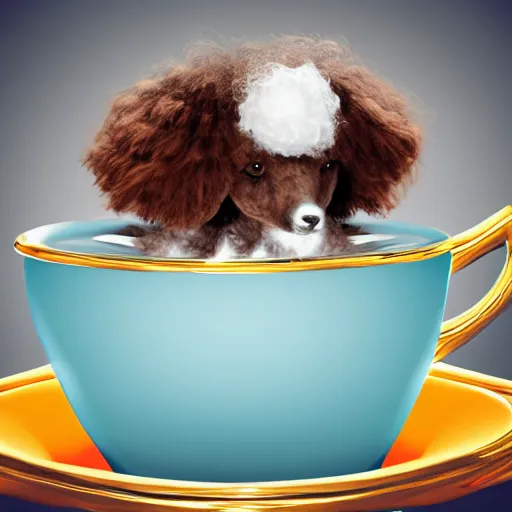 Image similar to very realistic cute poodle sitting inside a tea cup