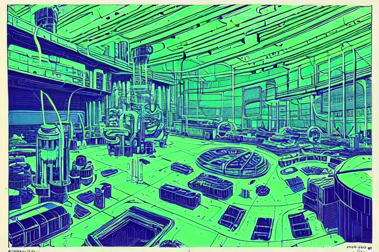 Prompt: a scifi illustration, factory interior. seen from above. vats of neon green fluid. in FANTASTIC PLANET La planète sauvage animation by René Laloux, line brush
