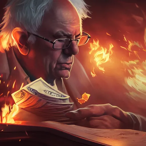 Image similar to portrait of bernie sanders burning money, league of legends amazing splashscreen artwork, splash art, natural light, elegant, photorealistic facial features, intricate, fantasy, detailed face, atmospheric lighting, anamorphic lens flare, cinematic lighting, league of legends splash art, hd wallpaper, ultra high details by greg rutkowski