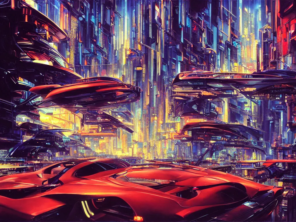 Prompt: hyperrealistic painting of a slice of life from a futuristic city, mechanical designs, rushing traffic, technological, engineering, night, vivid color, elegant, meticulous, cinematic, cyberpunk style, highly detailed!, realism, intricate, acrylic on canvas, 8 k resolution, concept art, by noriyoshi ohrai, john berkey, moebius