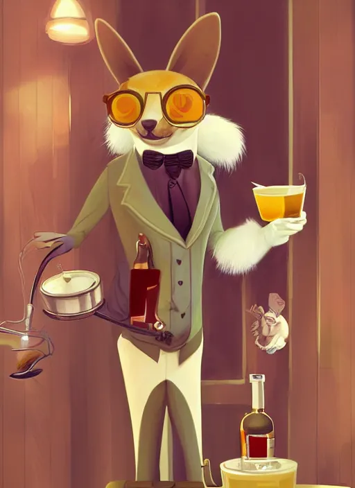 Image similar to squirrel anthro as a dapper bartender with a big fluffy tail, retro futurism, art deco, detailed painterly digital art by Cory Loftis and WLOP, 🐿🍸🍋, furaffinity, trending on artstation