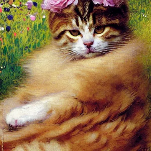 Image similar to portrait of a furry fluffy female tabby cat in a cute floral dress. 1 9 th century furaffiniy fantasy highly detailed painting by gaston bussiere craig mullins jc leyendecker gustav klimt artgerm greg rutkowski john berkey, bergey, craig mullins, ruan jia, raymond swanland, jeremy mann, tom lovell, alex malveda