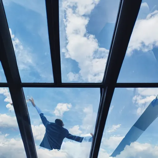 Prompt: man looking at giant glass windows, sees huge blue sky, airplane flying towards him