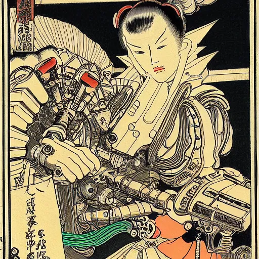 Prompt: Mechs in the style of Utagawa Kuniyoshi, classical japanese art, sci-fi illustrations, highly detailed, award-winning, steampunk, japanese, dark, gritty, ink