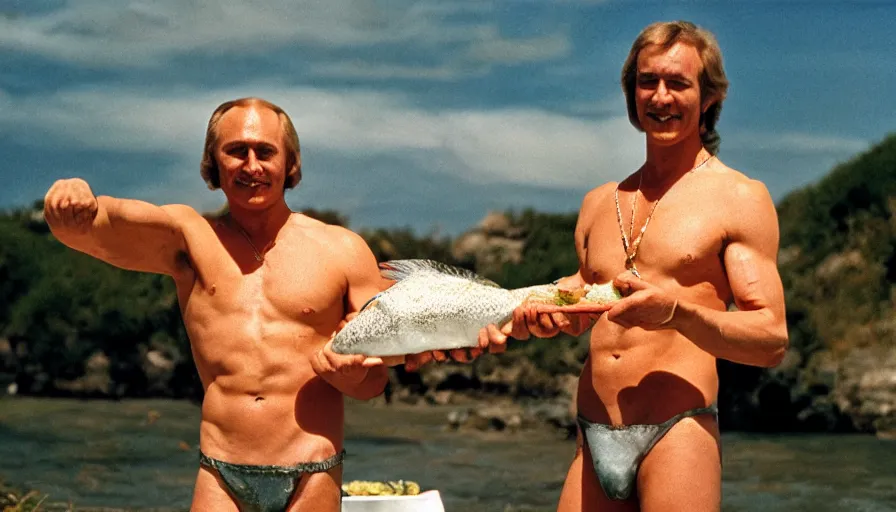 Image similar to 7 0 s movie still of putin in speedo, proudly holding a salmon, focus on his grin. cinestill 8 0 0 t _ 3 5 mm eastmancolor, heavy grain, high quality, high detail