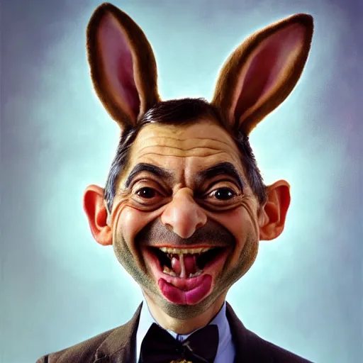 Prompt: hyper realistic, close up portrait of a mega derpy silly mr. bean, big chungus, with bunny ears, smoking massive amounts of weed, big smile, buck teeth, by greg rutkowski, scott m fischer, artgerm, loish, slight glow, atmospheric, anne stokes, alexandros pyromallis, 4 k, 8 k