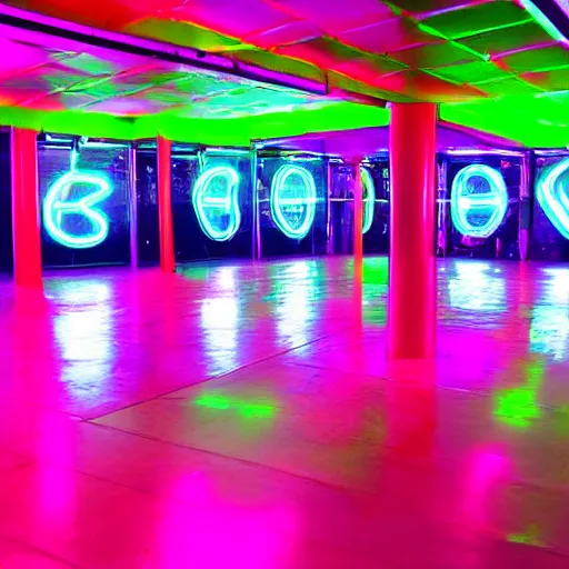 Image similar to A neon dance club, glowing fluorescent with shiny floors and reflective walls.