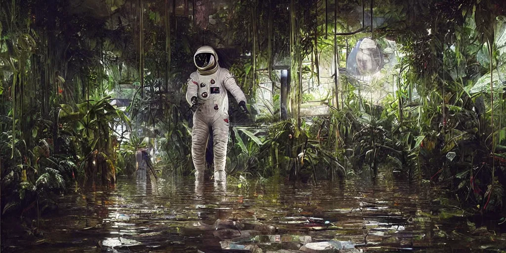 Image similar to an atmospheric painting of an astronaut walking through a flooded underground that is overgrown with jungle plants and vegetation, beautifully lit and highly detailed painting by Johnny Morant