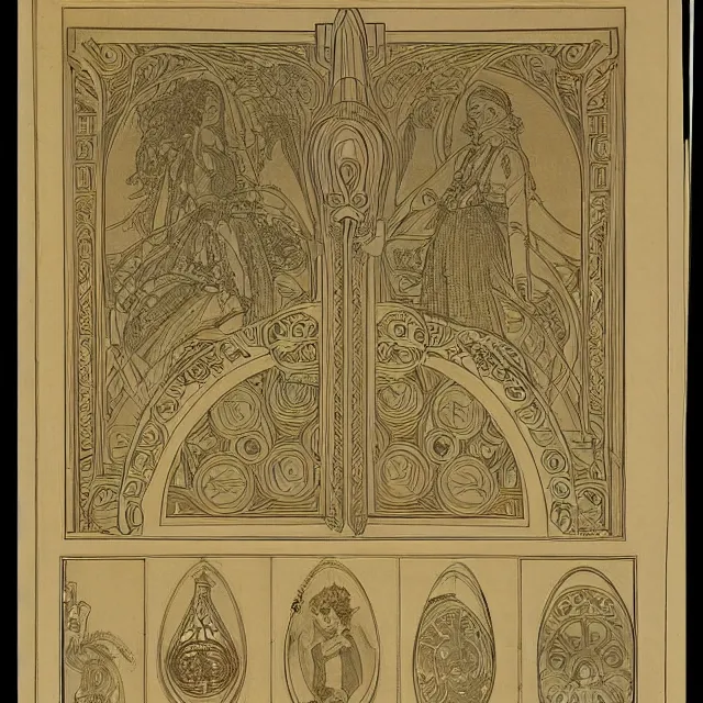 Prompt: detailed, intricate technical drawings on parchment from 1 8 4 0, accented with color, with labels and notes, for a beautiful, symmetric, art deco android hand, by ron cobb and alphonse mucha