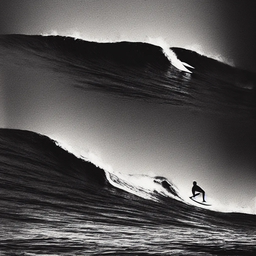 Image similar to surfing wave, mads berg, karolis strautniekas, film noir, stippled light, dramatic lighting, editorial illustration, detailed, fine texture, matte print, art deco, brutalism, dark blue + dark orange, red, black, ( ( habitat 6 7 background ) )